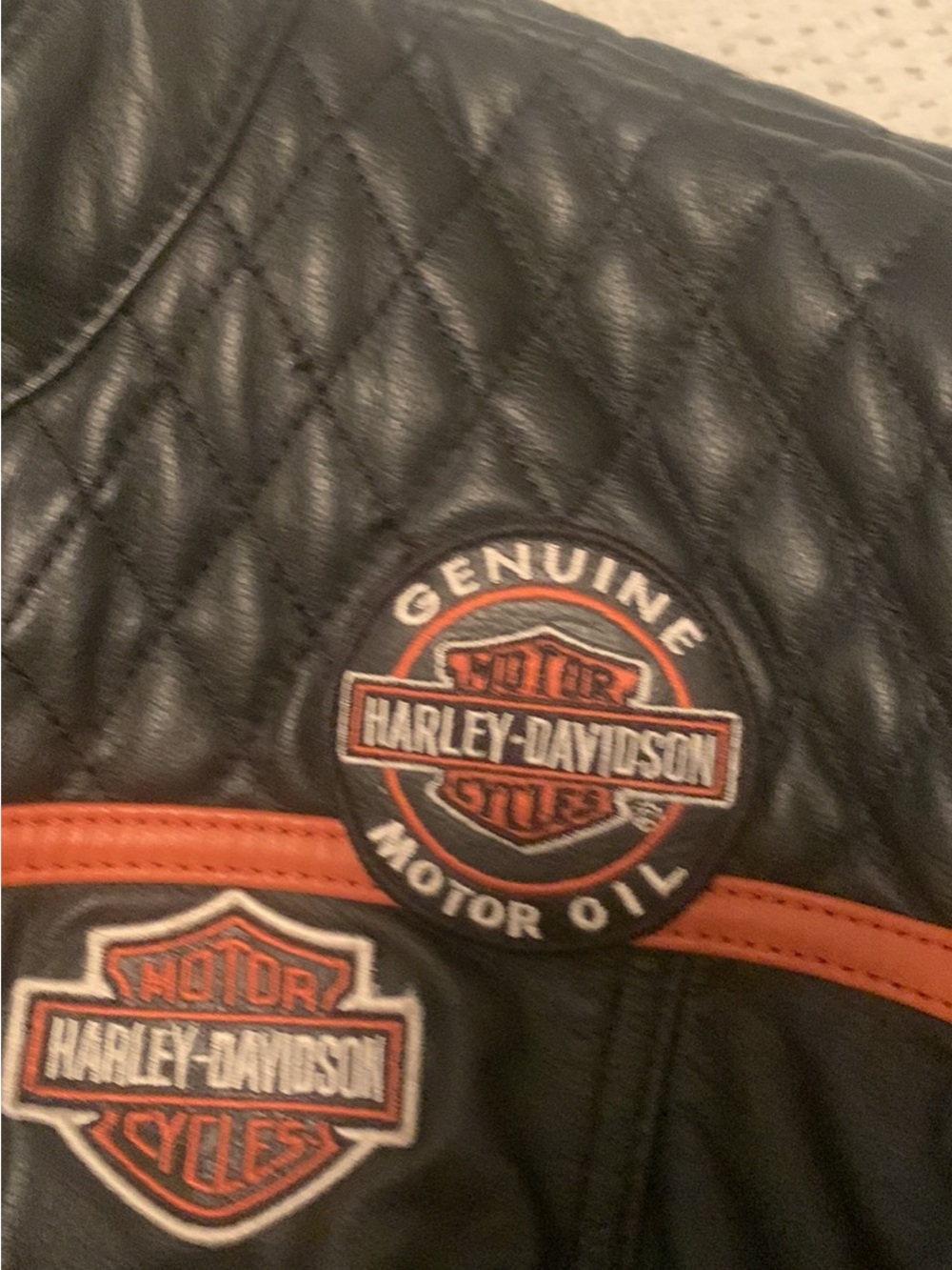 Harley-Davidson Black Quilted Leather Jacket with Orange Trim and Patches